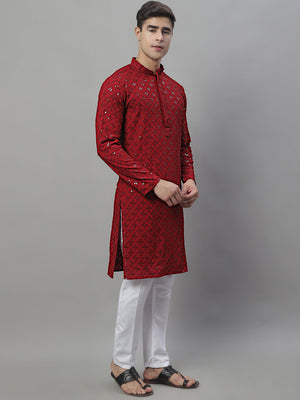 Men's Maroon Chikankari Embroidered And Sequin Kurta With Pajama