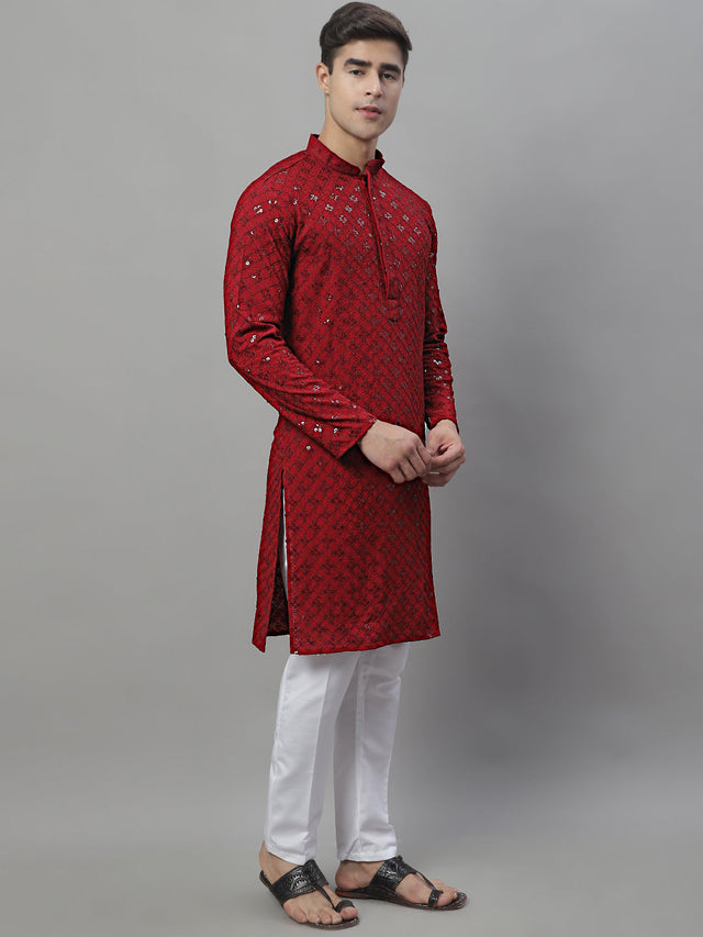 Men's Maroon Chikankari Embroidered And Sequin Kurta With Pajama