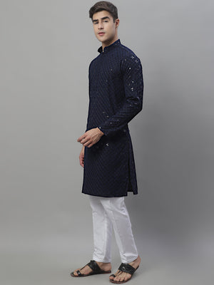 Men's Navy Blue Chikankari Embroidered And Sequin Kurta With Pajama