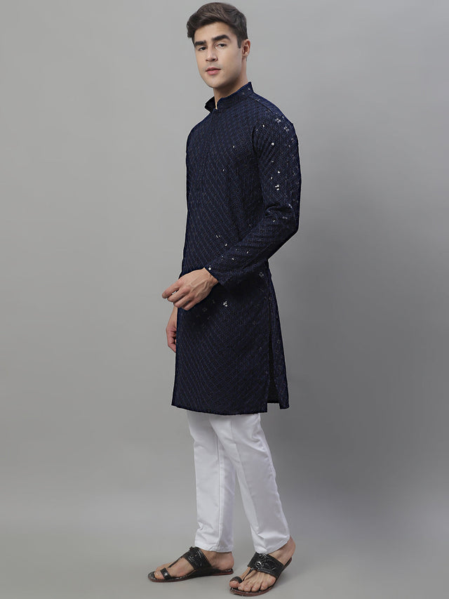 Men's Navy Blue Chikankari Embroidered And Sequin Kurta With Pajama