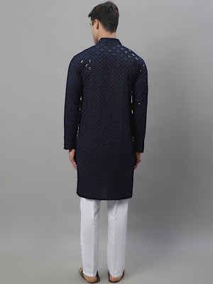 Men's Navy Blue Chikankari Embroidered And Sequin Kurta With Pajama