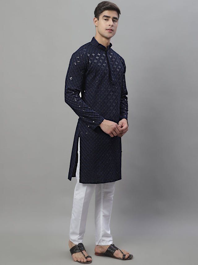 Men's Navy Blue Chikankari Embroidered And Sequin Kurta With Pajama