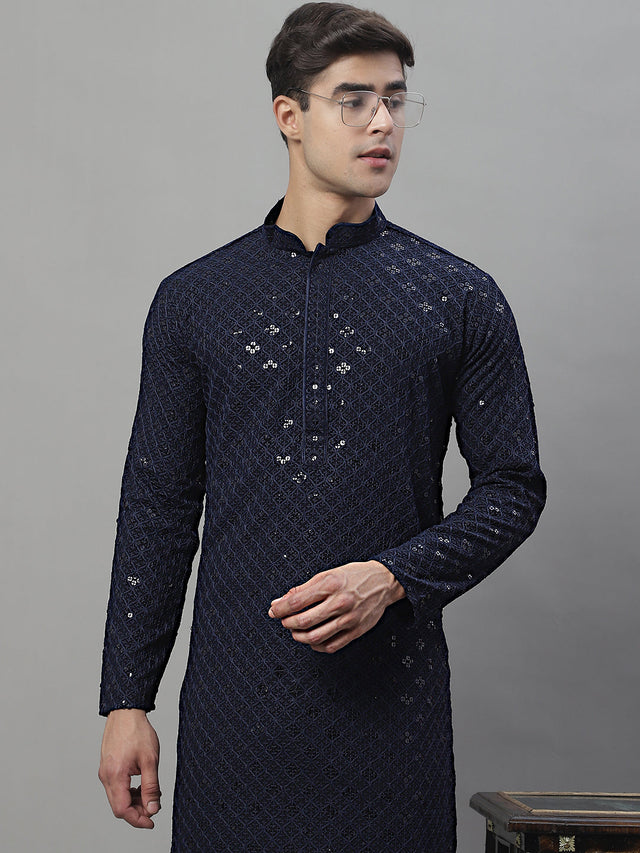 Men's Navy Blue Chikankari Embroidered And Sequin Kurta With Pajama
