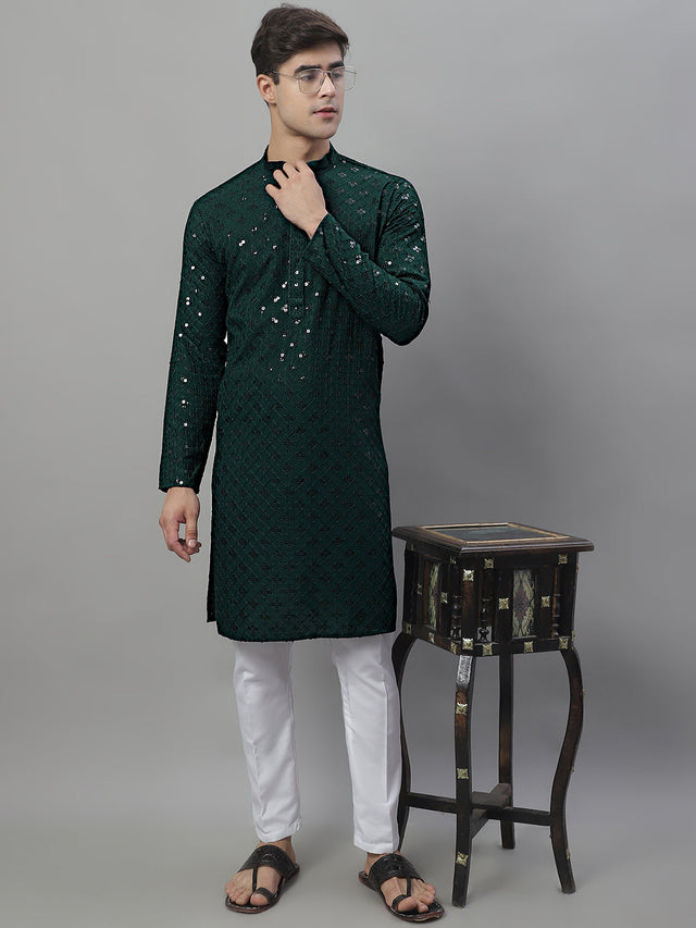 Men's Olive Green Chikankari Embroidered And Sequin Kurta With Pajama