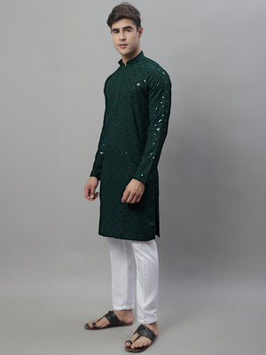 Men's Olive Green Chikankari Embroidered And Sequin Kurta With Pajama