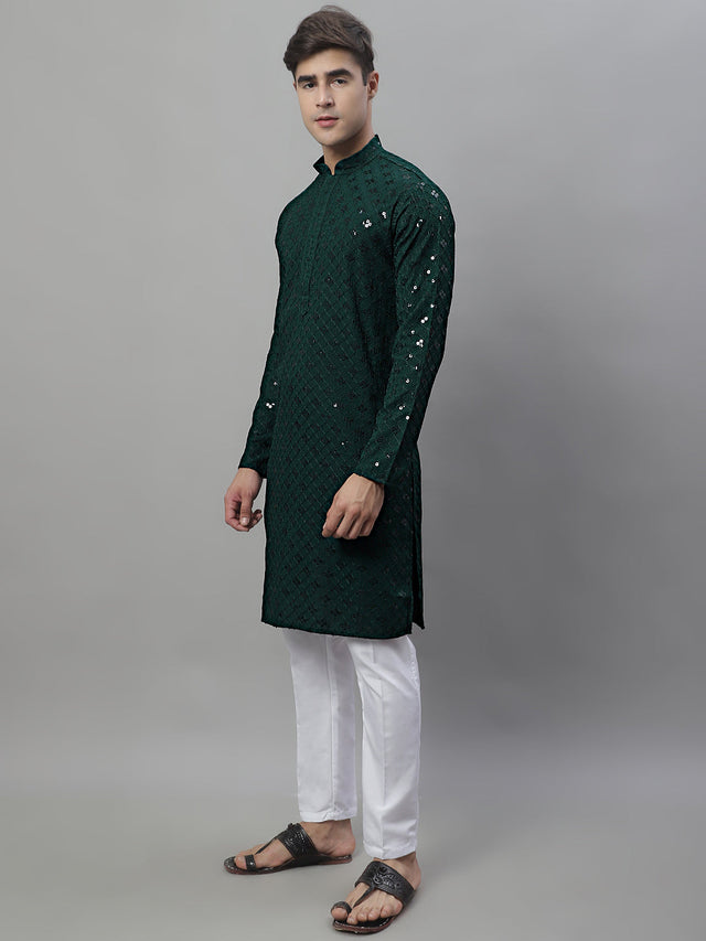 Men's Olive Green Chikankari Embroidered And Sequin Kurta With Pajama
