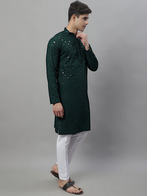 Men's Olive Green Chikankari Embroidered And Sequin Kurta With Pajama