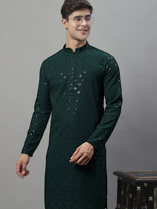 Men's Olive Green Chikankari Embroidered And Sequin Kurta With Pajama