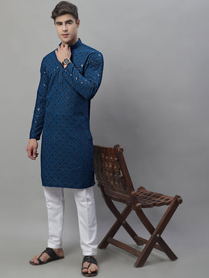 Men's Peacock Blue Chikankari Embroidered And Sequin Kurta With Pajama