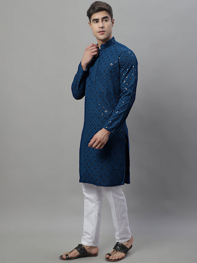 Men's Peacock Blue Chikankari Embroidered And Sequin Kurta With Pajama