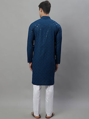 Men's Peacock Blue Chikankari Embroidered And Sequin Kurta With Pajama