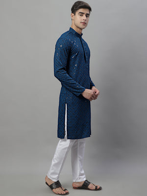 Men's Peacock Blue Chikankari Embroidered And Sequin Kurta With Pajama