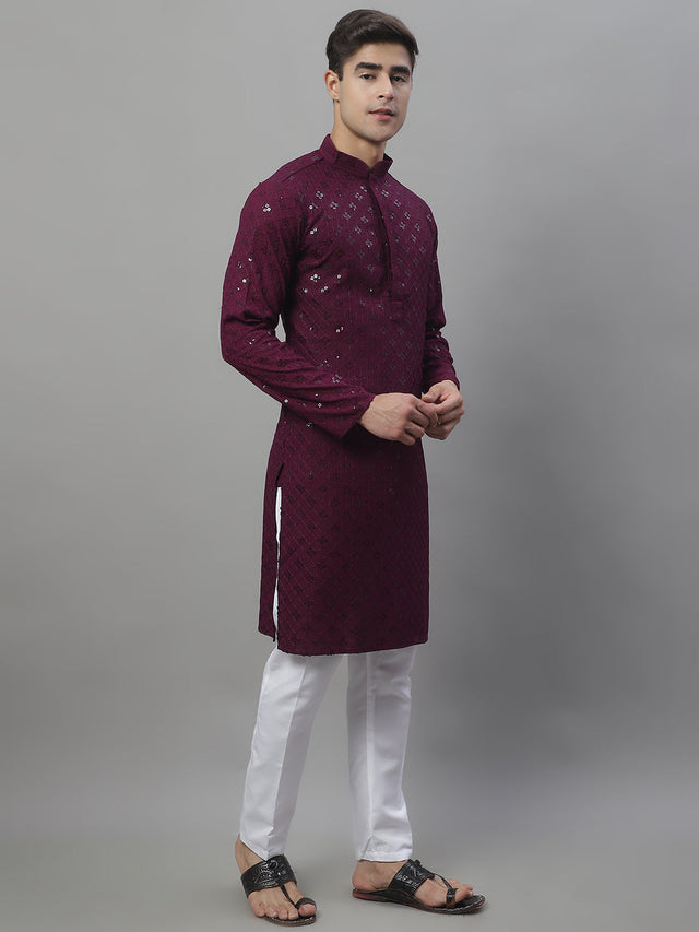 Men's Purple Chikankari Embroidered And Sequin Kurta With Pajama
