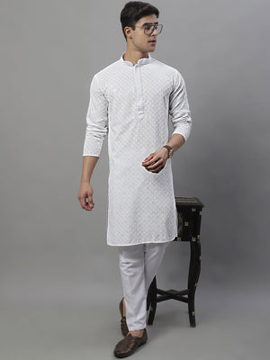 Men's White Chikankari Embroidered And Sequin Kurta With Pajama