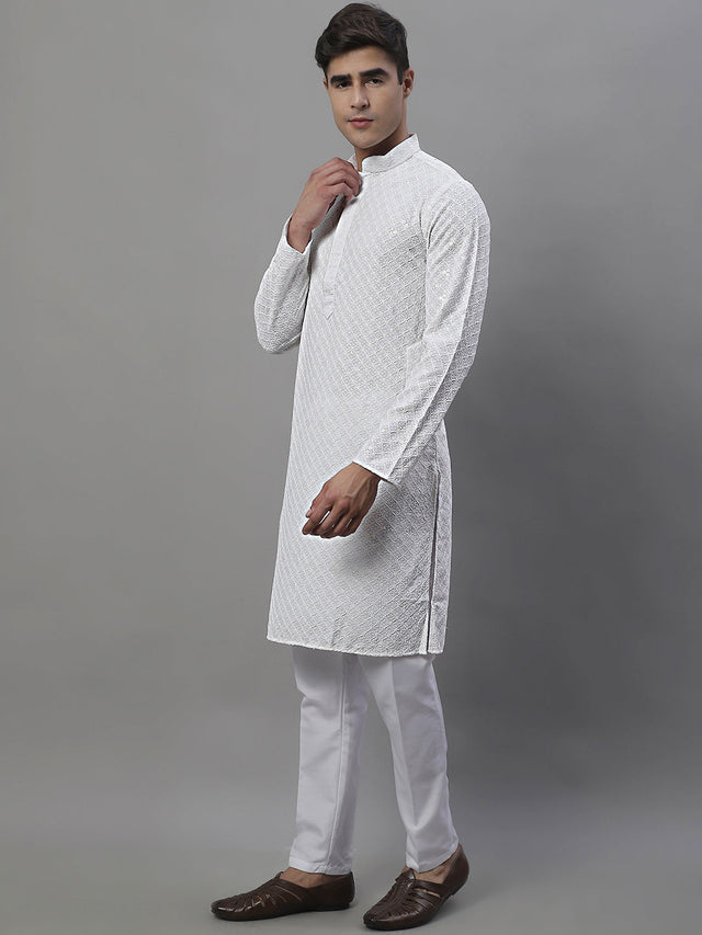Men's White Chikankari Embroidered And Sequin Kurta With Pajama
