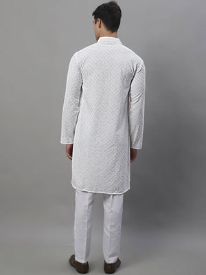 Men's White Chikankari Embroidered And Sequin Kurta With Pajama