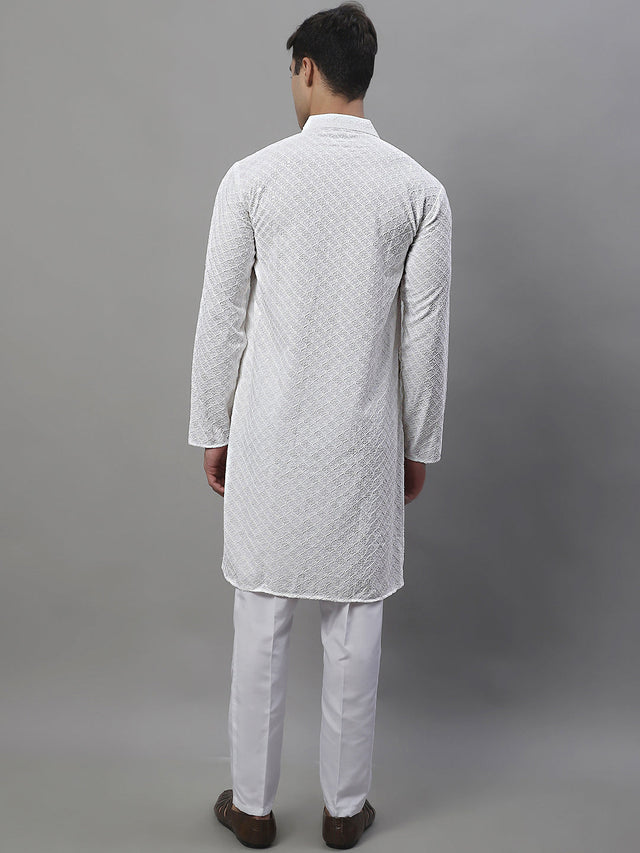 Men's White Chikankari Embroidered And Sequin Kurta With Pajama