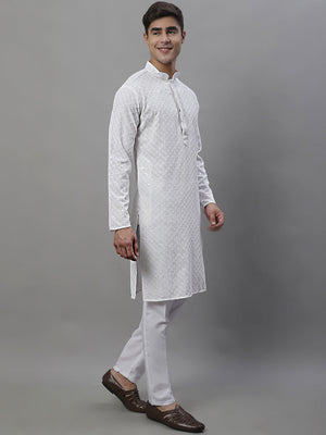 Men's White Chikankari Embroidered And Sequin Kurta With Pajama