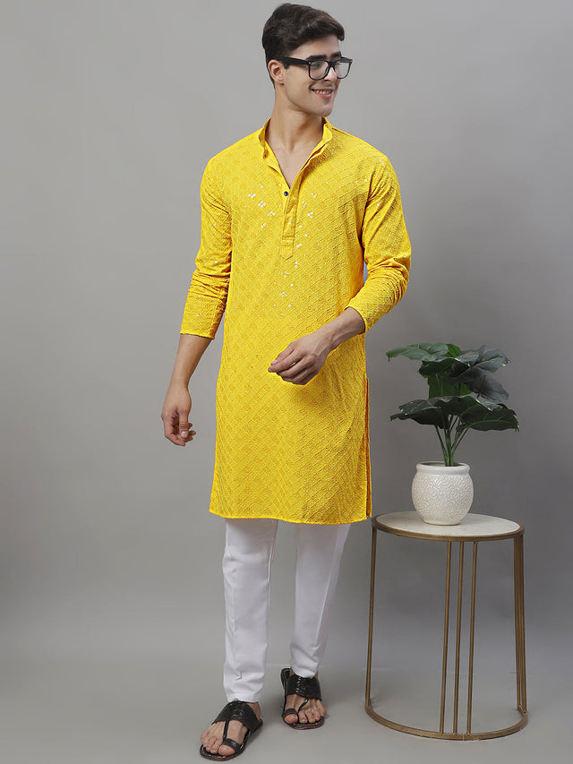 Men's Yellow Chikankari Embroidered And Sequin Kurta With Pajama