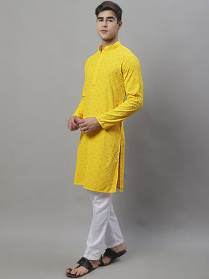 Men's Yellow Chikankari Embroidered And Sequin Kurta With Pajama