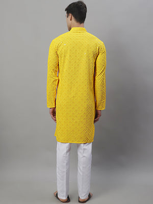 Men's Yellow Chikankari Embroidered And Sequin Kurta With Pajama