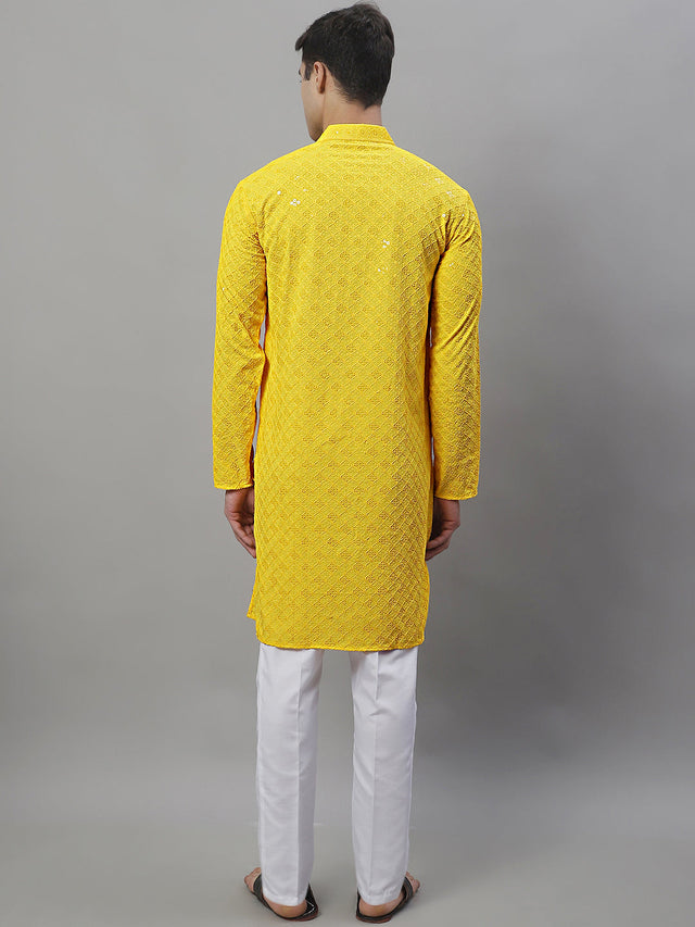 Men's Yellow Chikankari Embroidered And Sequin Kurta With Pajama