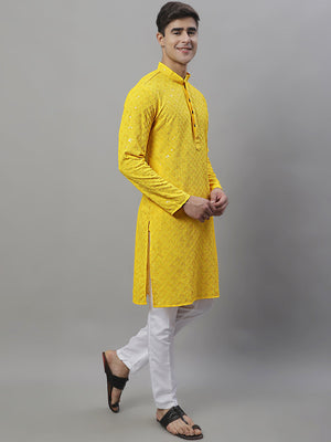 Men's Yellow Chikankari Embroidered And Sequin Kurta With Pajama