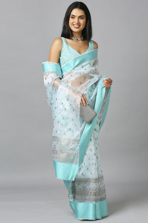 Aqua Blue Organza Tie Dye Party Wear Designer Saree