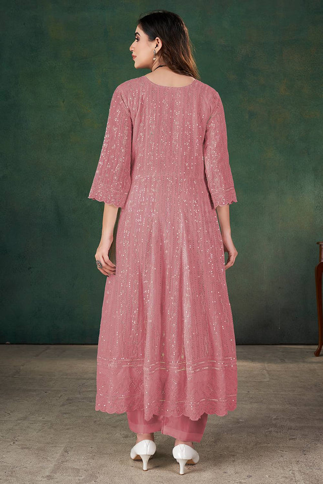 Pink Sequin Georgette Kurti Pant Set