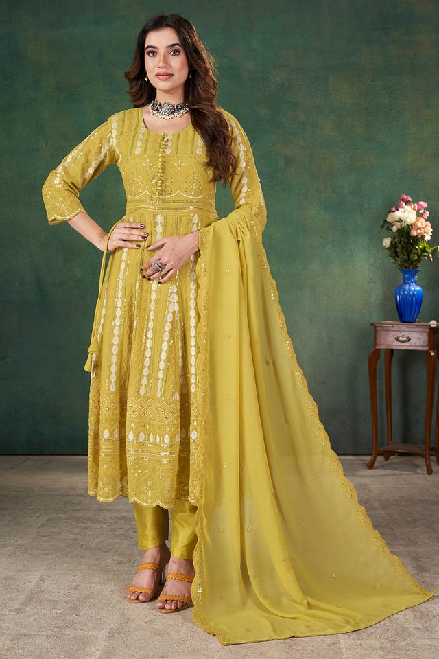 Yellow Sequin with Embroidered Georgette Kurti Pant Set