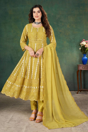 Yellow Sequin with Embroidered Georgette Kurti Pant Set