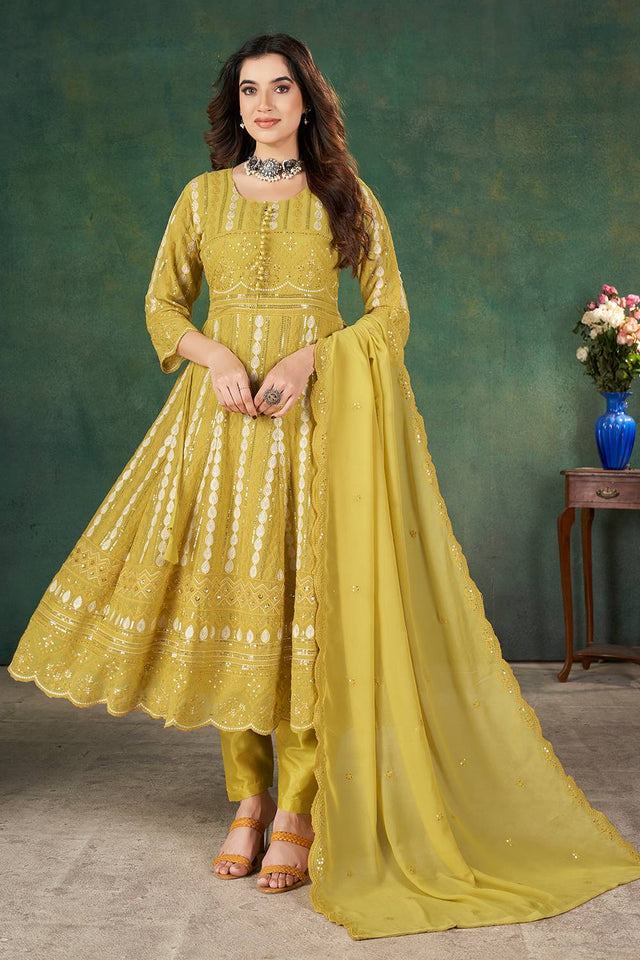 Yellow Sequin with Embroidered Georgette Kurti Pant Set