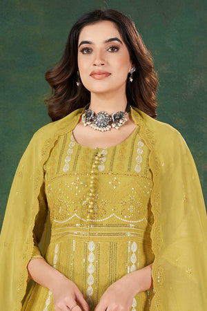 Yellow Sequin with Embroidered Georgette Kurti Pant Set