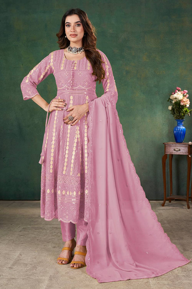 Pink Sequin with Embroidered Georgette Kurti Pant Set