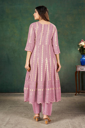 Pink Sequin with Embroidered Georgette Kurti Pant Set