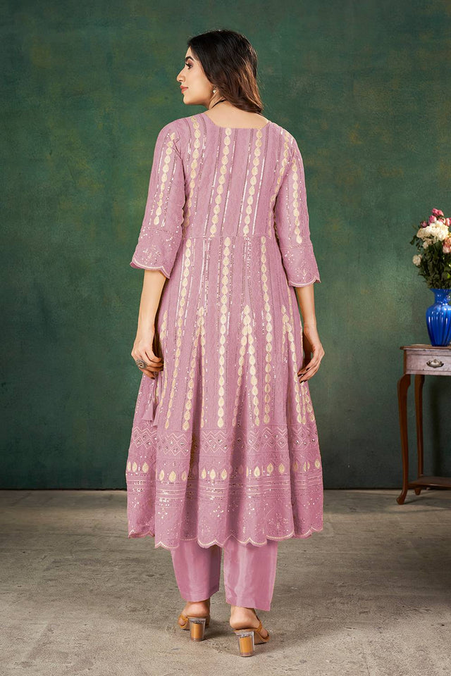 Pink Sequin with Embroidered Georgette Kurti Pant Set