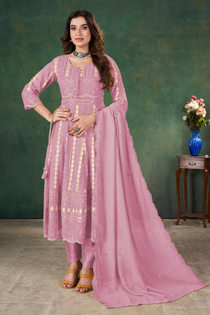 Pink Sequin with Embroidered Georgette Kurti Pant Set