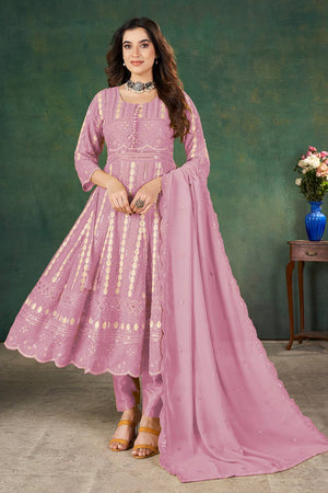 Pink Sequin with Embroidered Georgette Kurti Pant Set