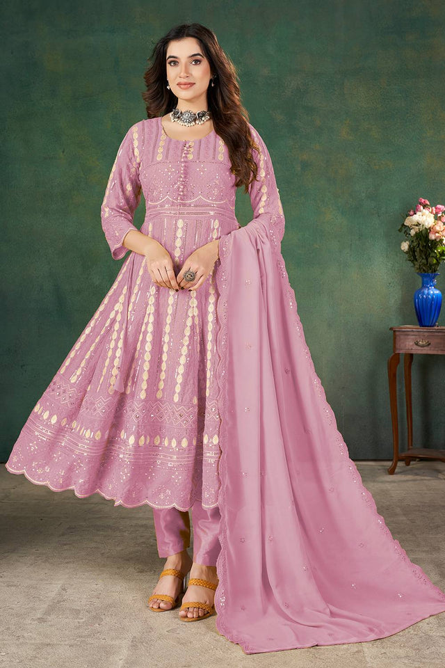 Pink Sequin with Embroidered Georgette Kurti Pant Set
