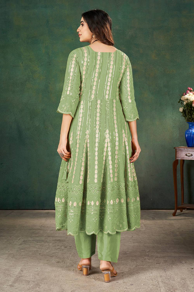 Green Sequin with Embroidered Georgette Kurti Pant Set