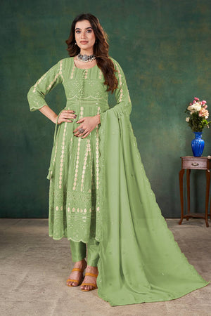 Green Sequin with Embroidered Georgette Kurti Pant Set
