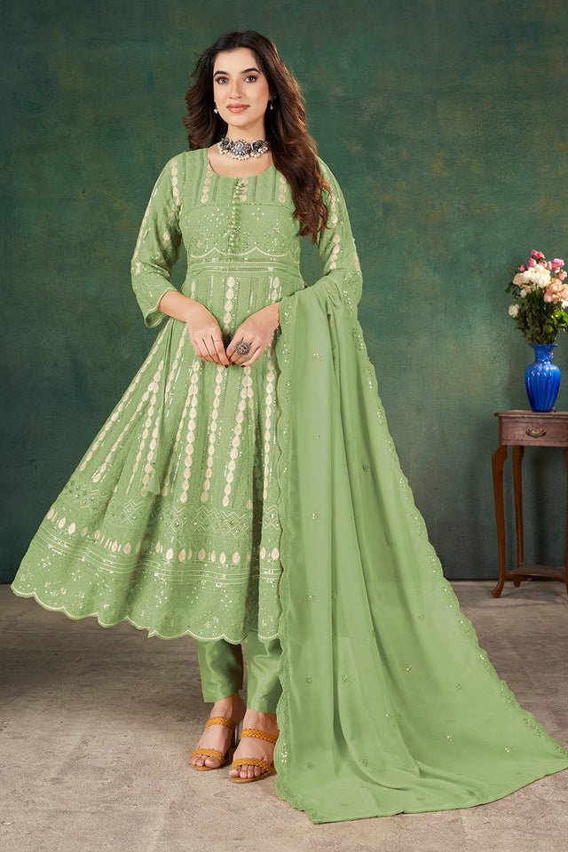 Green Sequin with Embroidered Georgette Kurti Pant Set
