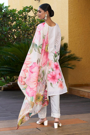 Off White Floral Printed Muslin Kurti Pant Set