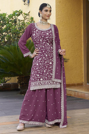 Dark Pink Floral Embroidered Georgette Sharara Suits