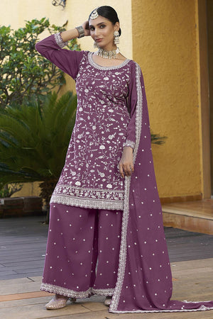 Dark Pink Floral Embroidered Georgette Sharara Suits