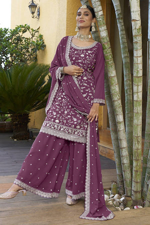Dark Pink Floral Embroidered Georgette Sharara Suits