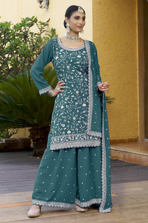 Green Floral Embroidered Georgette Sharara Suits