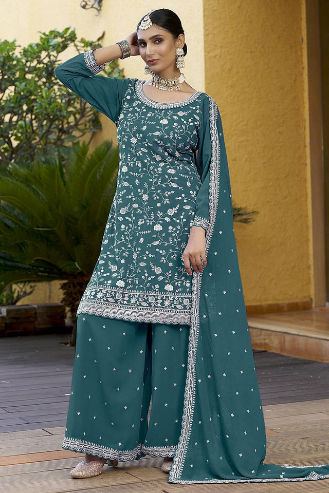 Green Floral Embroidered Georgette Sharara Suits