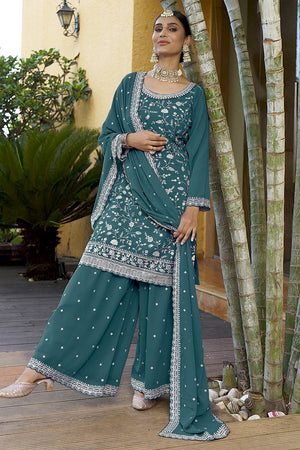 Green Floral Embroidered Georgette Sharara Suits