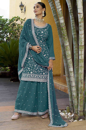 Green Floral Embroidered Georgette Sharara Suits
